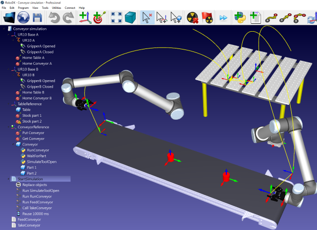 Screen capture of RoboDK showing two UR10 and a conveyor